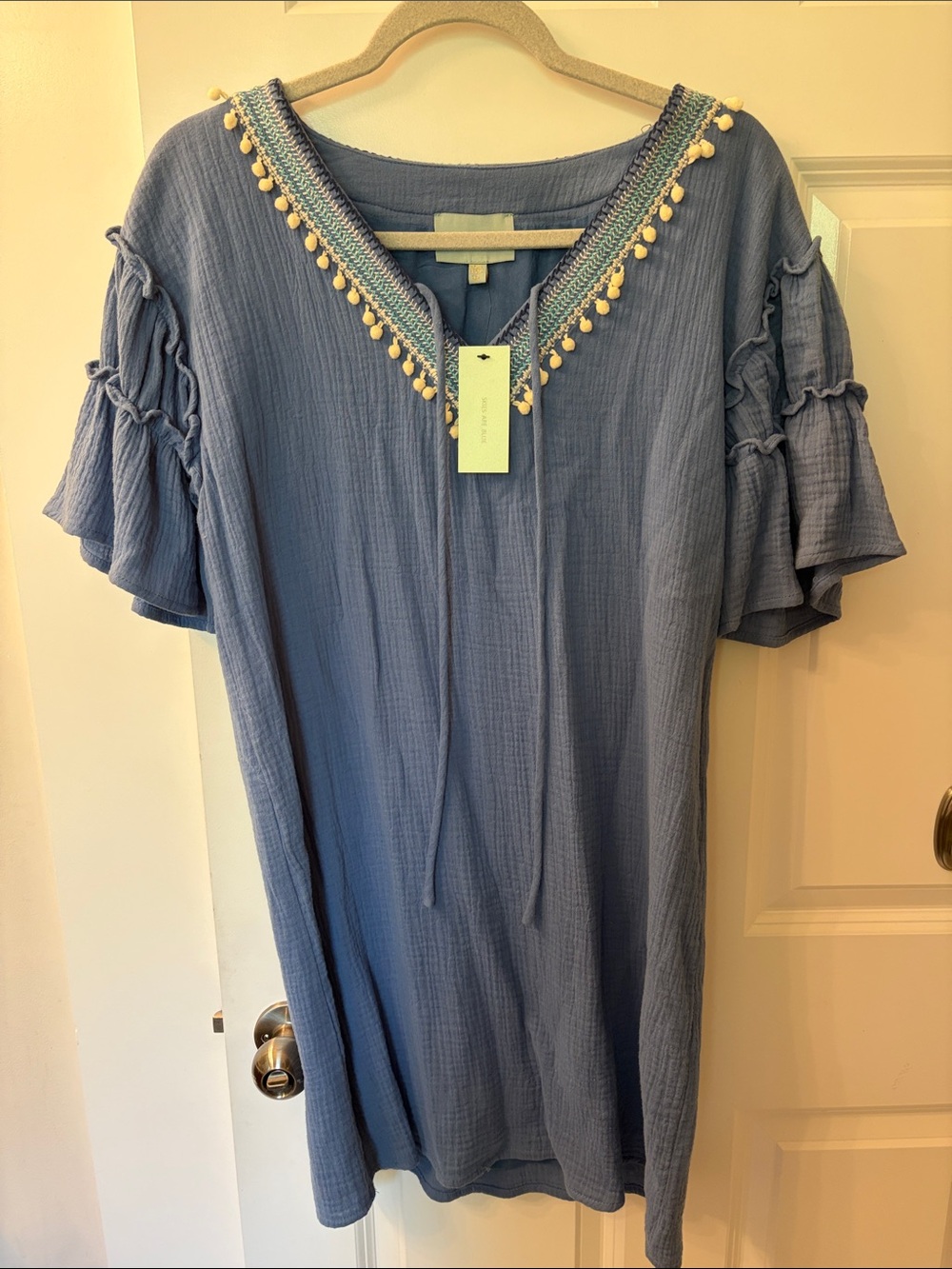 Skies Are Blue Light Blue Pom-Pom Trim V-Neck Gauze Top